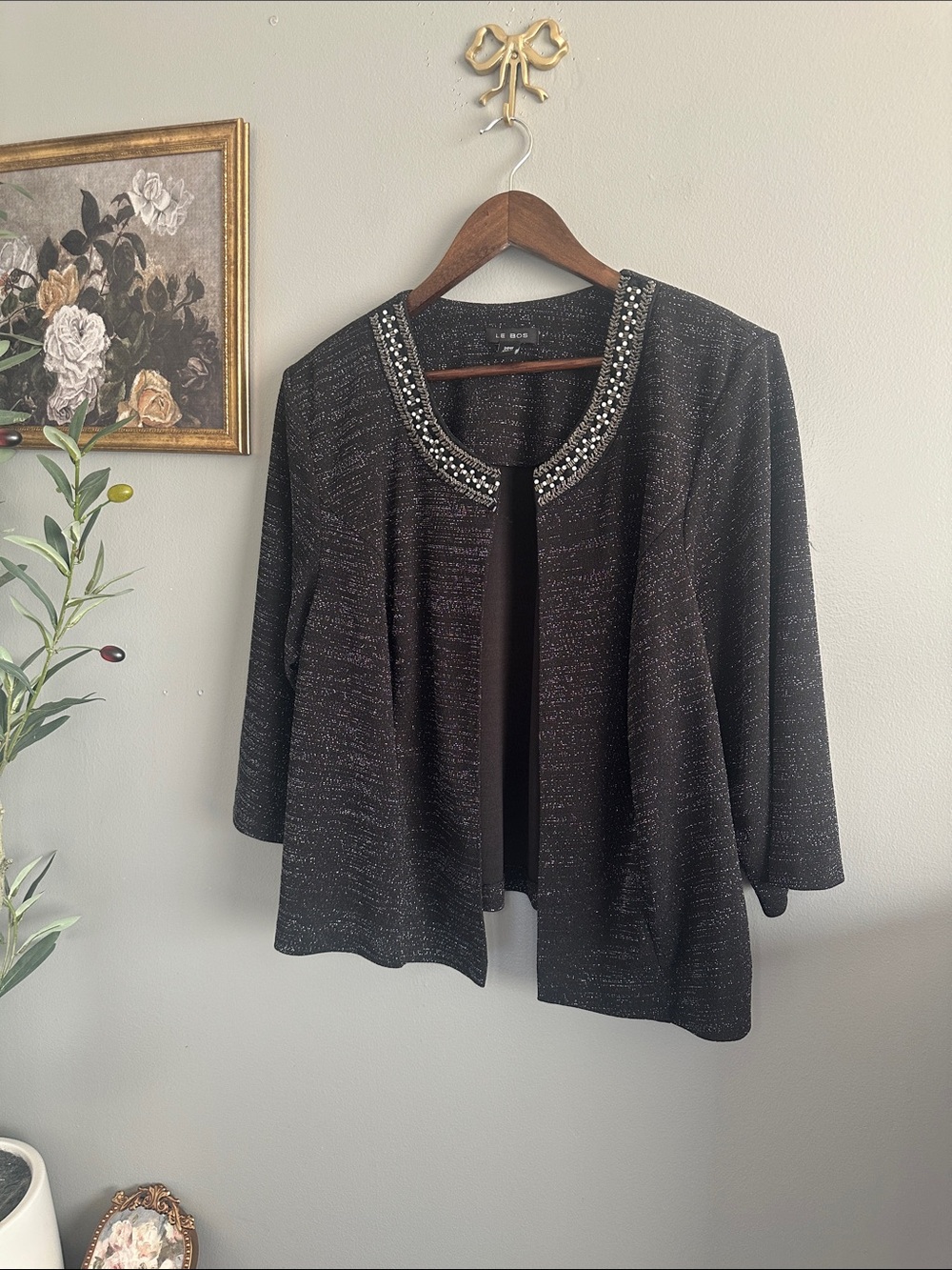 Le Bos 20W Black Metallic Beaded Evening Jacket Open Front Plus Size - Picture 2 of 7